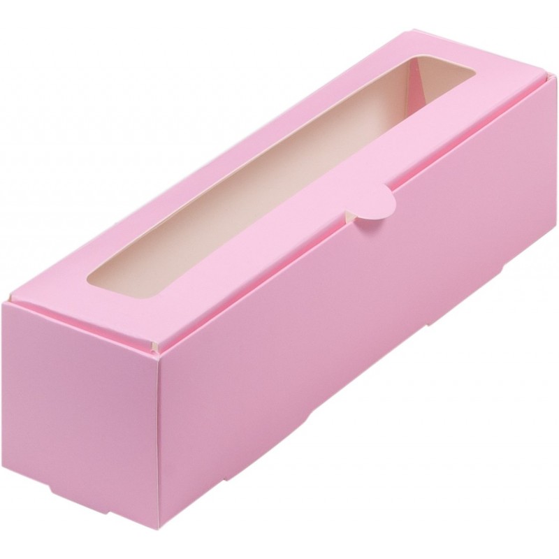 Коробка для макарун с окном 21х5,5х5,5cм розовая матовая
